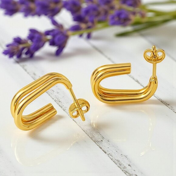 🆕️ Minimalist Double C-Hoop Earrings 18K Gold Plated Stainless Steel Earrings - Picture 1 of 10